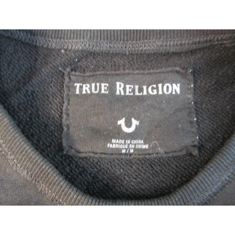 True Religion Mens Black Short Sleeve Fleece Sweatshirt Side Zip Logo Medium